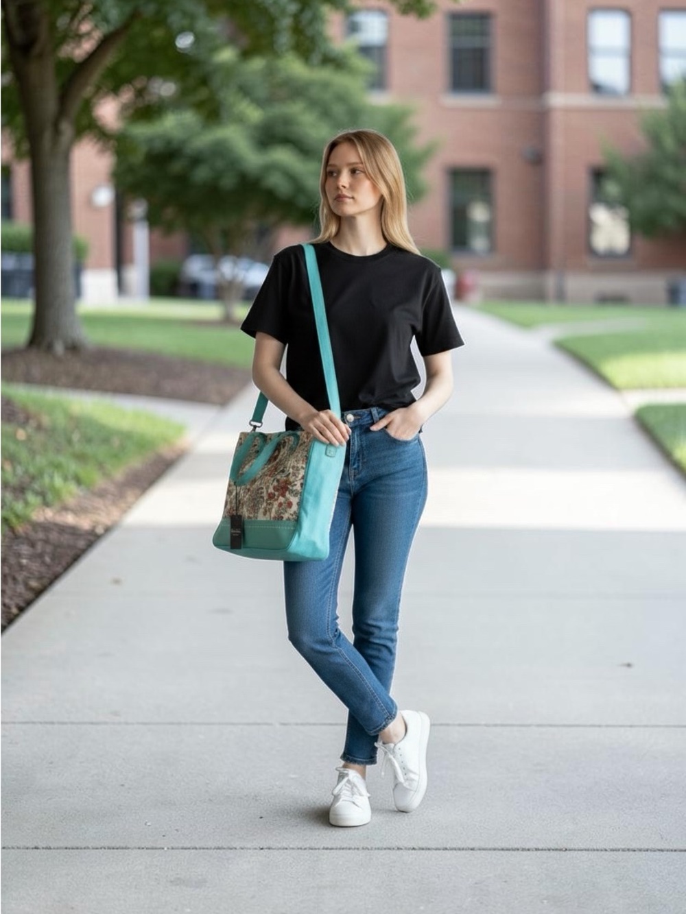 Myra Bags Mariposa Small Weekender Bag Turquoise Floral Embroidered Canvas Tote